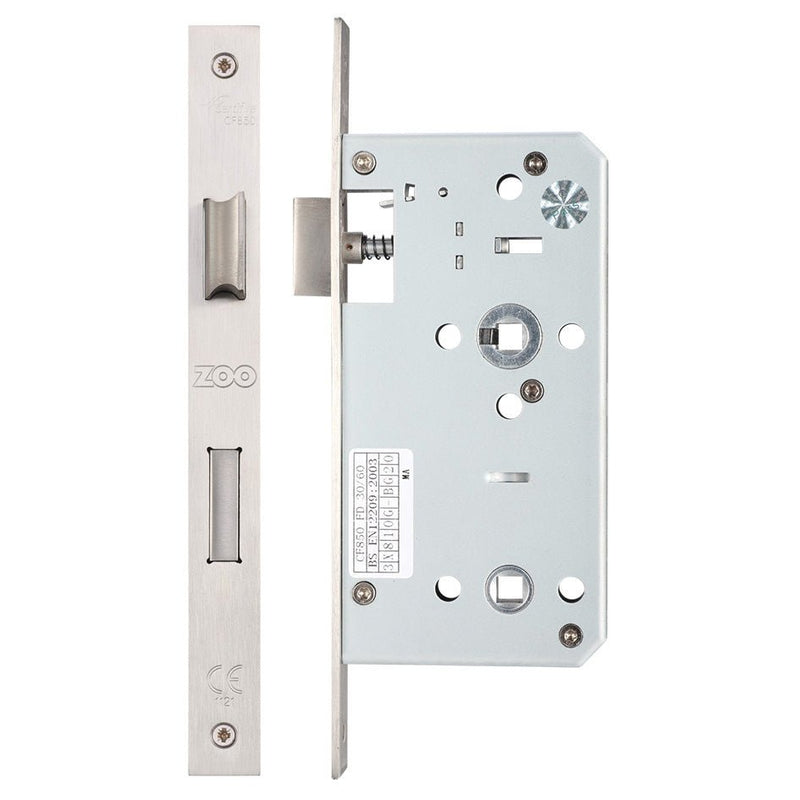 Zoo Hardware DIN Bathroom Lock with 78mm centres and a backset of 55mm, featuring a stainless steel finish and a rectangular faceplate with various cutouts for installation.