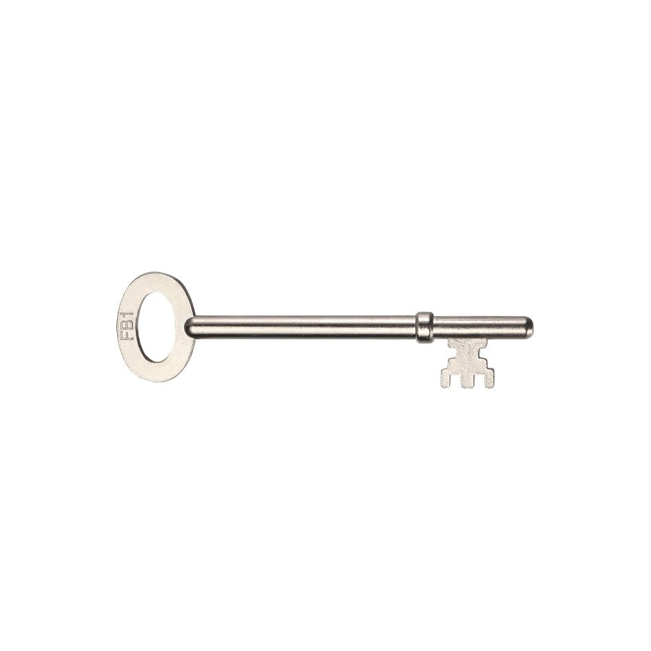 Zoo Hardware Spare Key for London Fire Brigade Lock (Key Profile 01) made of metal, featuring a circular handle and an intricate cut pattern for compatibility with specific locks.