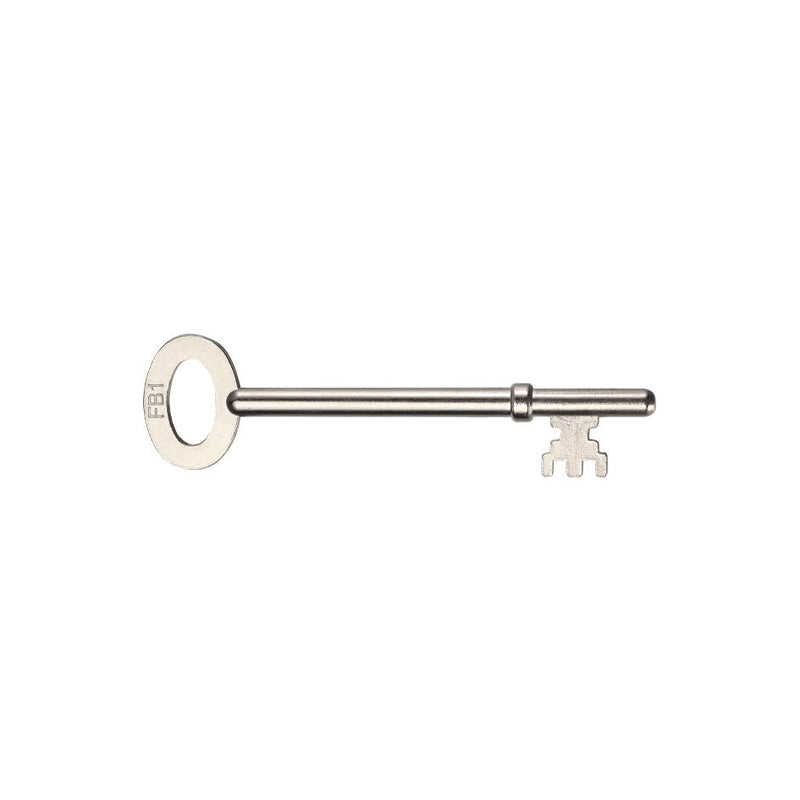 Zoo Hardware Spare Key for London Fire Brigade Lock (Key Profile 01) made of metal, featuring a circular handle and an intricate cut pattern for compatibility with specific locks.