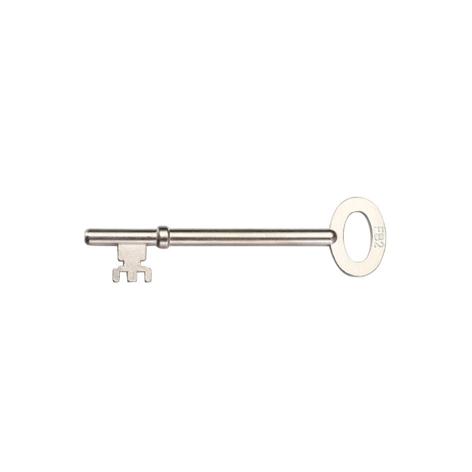 Zoo Hardware Spare Key for London Fire Brigade Lock (Key Profile 02) in silver metal, featuring a distinctive key design with a round handle and a notched end for compatibility with specific locks.
