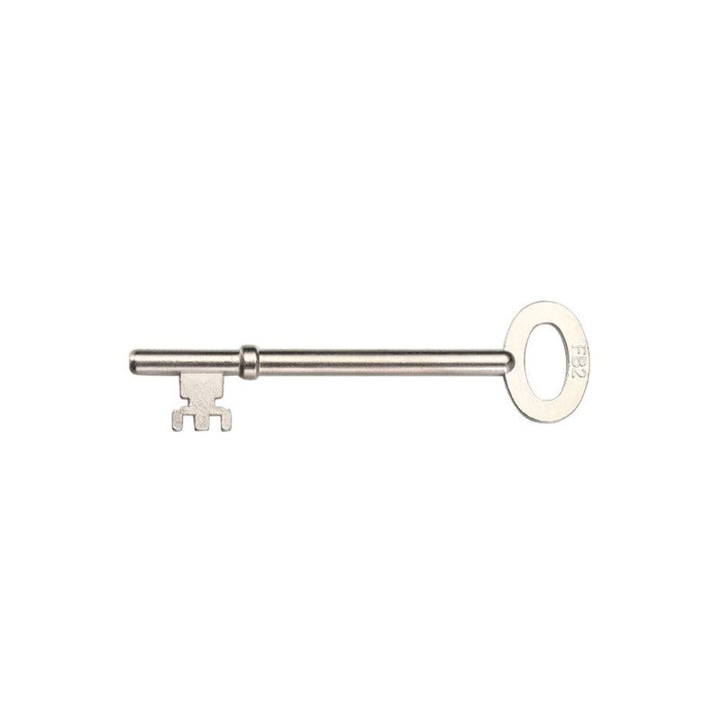 Zoo Hardware Spare Key for London Fire Brigade Lock (Key Profile 02) in silver metal, featuring a distinctive key design with a round handle and a notched end for compatibility with specific locks.