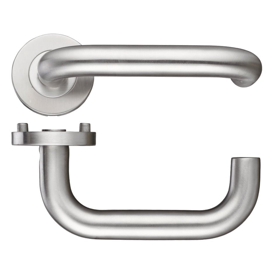 Zoo Hardware 19mm Return to Door Lever - Grade 4 in a brushed stainless steel finish, featuring a sleek handle design with a round rose and a curved grip for user convenience.