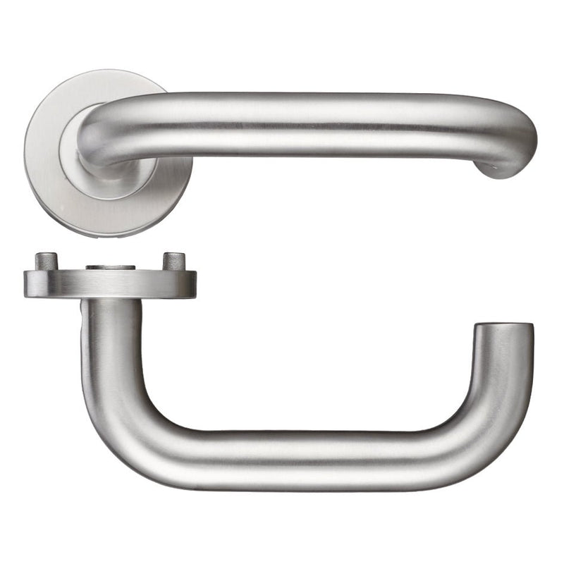 Zoo Hardware 19mm Return to Door Lever - Grade 4 in a brushed stainless steel finish, featuring a sleek handle design with a round rose and a curved grip for user convenience.