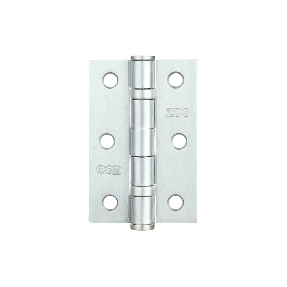 Zoo Hardware Door Hinge 2 Ball Bearing measuring 3 inches by 2 inches and 2 mm thick, featuring a stainless steel finish with visible mounting holes and cylindrical bearings for smooth operation.
