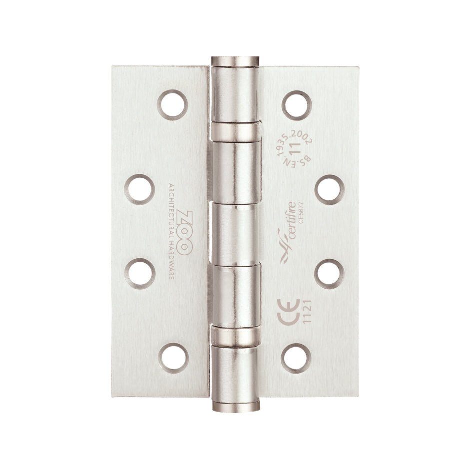 Zoo Hardware Ball Bearing Hinge in steel, measuring 102 x 76 x 3mm, featuring a polished finish with a central pivot and multiple screw holes for installation.