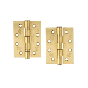 Zoo Hardware Grade 13 Hinges in a brass finish, measuring 102mm x 76mm x 3mm with square corners, featuring a ball bearing design for smooth operation.