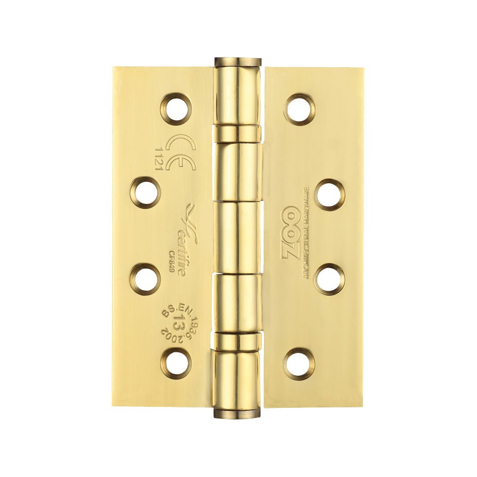 Zoo Hardware Grade 13 Hinges in brass finish, sized 102mm x 76mm x 3mm, featuring ball bearings and a square corner design, suitable for heavy doors and providing smooth operation.