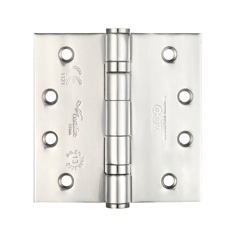 Zoo Hardware Grade 13 Ball Bearing Hinge in stainless steel, measuring 100 x 100 x 3mm, featuring a smooth finish with multiple pre-drilled holes for easy installation.