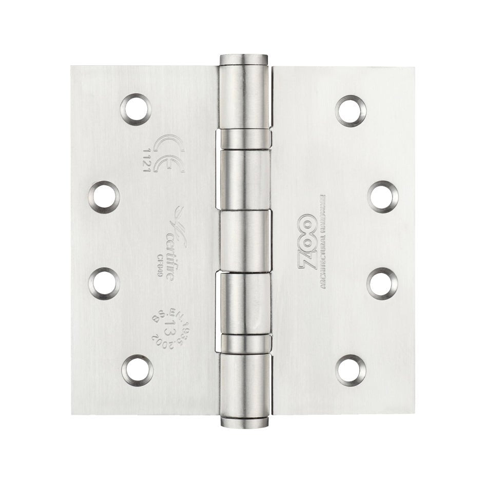 Zoo Hardware Grade 13 Ball Bearing Hinge in stainless steel, measuring 100 x 100 x 3mm, featuring a polished finish and six mounting holes for secure installation.