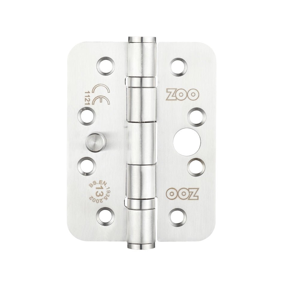 Zoo Hardware Stainless Steel Dog Bolt Door Hinge measuring 4"x3" with a thickness of 3mm, featuring a polished finish, exposed pins, and multiple screw holes for secure installation.