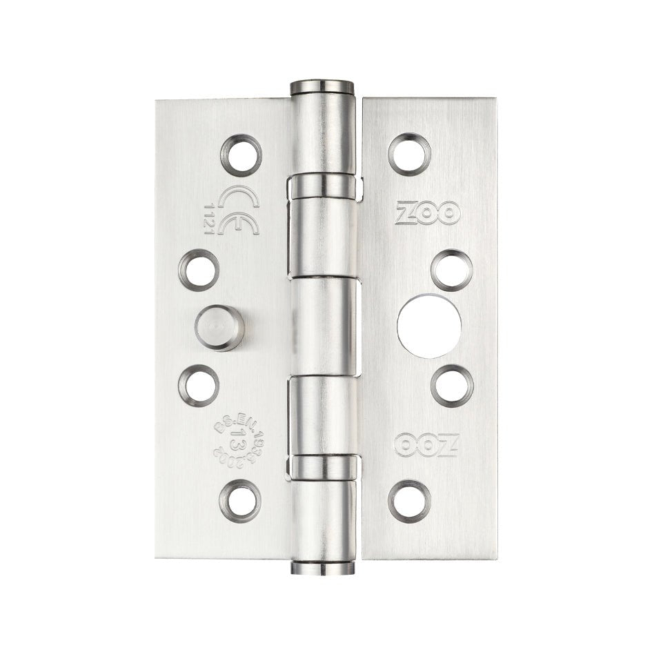 Zoo Hardware Stainless Steel Dog Bolt Door Hinge measuring 4 inches by 3 inches and 3mm thick, featuring a polished surface with multiple holes for easy installation.