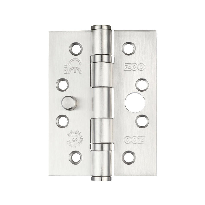 Zoo Hardware Stainless Steel Dog Bolt Door Hinge measuring 4 x 3 inches with a thickness of 3mm, featuring a sleek silver finish and multiple mounting holes for installation.