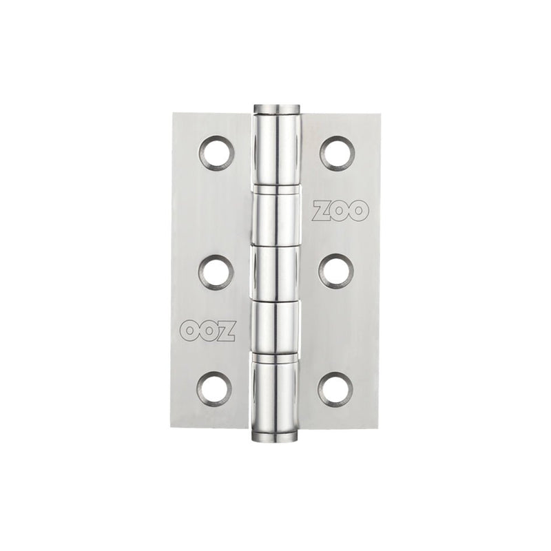 Zoo Hardware 2 Washered Hinge in stainless steel, Grade 201, measuring 3 inches by 2 inches and 2mm thick, featuring a polished finish and five mounting holes for installation.