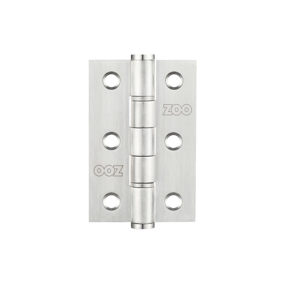 Zoo Hardware 2 Washered Hinge in stainless steel, Grade 201, measuring 3 inches by 2 inches with a thickness of 2mm, featuring a polished finish and four mounting holes for secure attachment.