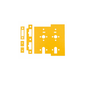 Zoo Hardware 1mm Universal DIN Lock Intumescent to Suit ZDL in yellow, featuring multiple cut-out sections for different lock configurations, designed for use with specific lock applications.