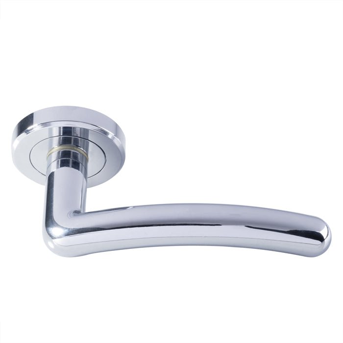 Carlisle Brass Noxia Lever On Rose in polished chrome finish, featuring a curved handle and a round rose plate, designed for door operation.