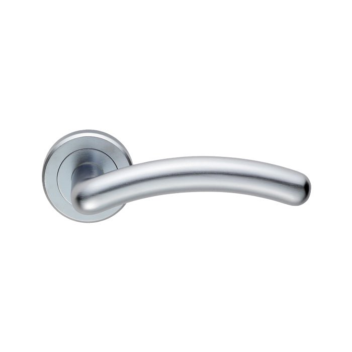 Carlisle Brass Olivier Lever On Rose in a sleek silver finish, featuring a curved handle and a round rose plate, designed for easy gripping and operation.
