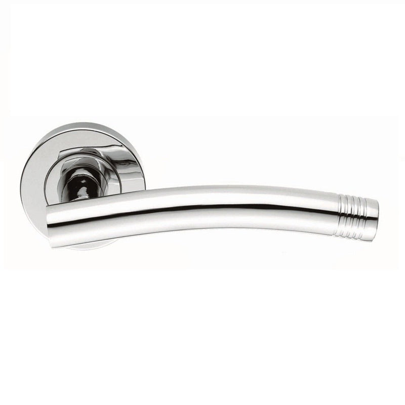 Carlisle Brass Carolina Lever On Rose in chrome finish, featuring a sleek, curved lever design mounted on a round rose plate.