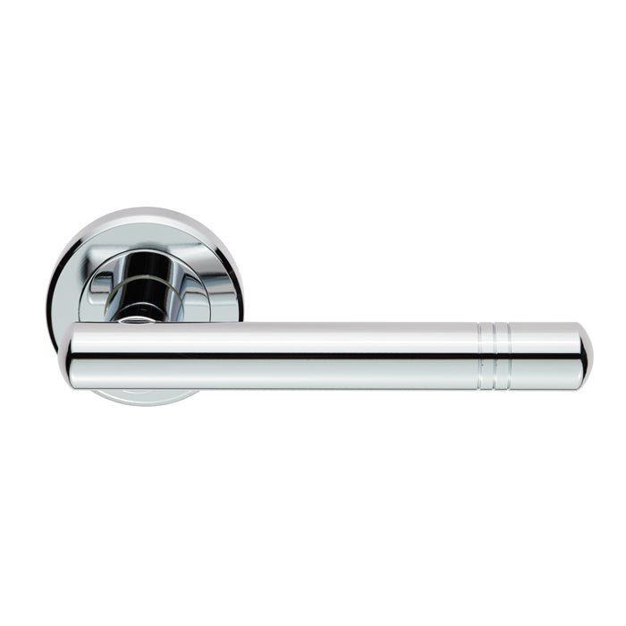 Carlisle Brass Atalaya Lever On Rose in a chrome finish, featuring a sleek cylindrical handle and circular rose plate with two decorative grooves.