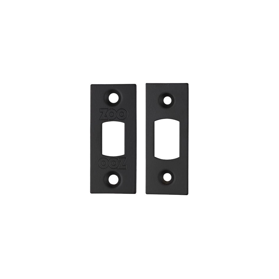 Zoo Hardware Spare Accessory Pack for Heavy Duty Tubular Deadbolts, featuring two black plastic strike plates with elongated cutouts and pre-drilled holes for easy installation.