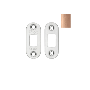 Zoo Hardware Spare Radius Accessory Pack for Heavy Duty Tubular Deadbolts includes two stainless steel plates with a rounded design and mounting holes. A color swatch of a copper finish is also shown.