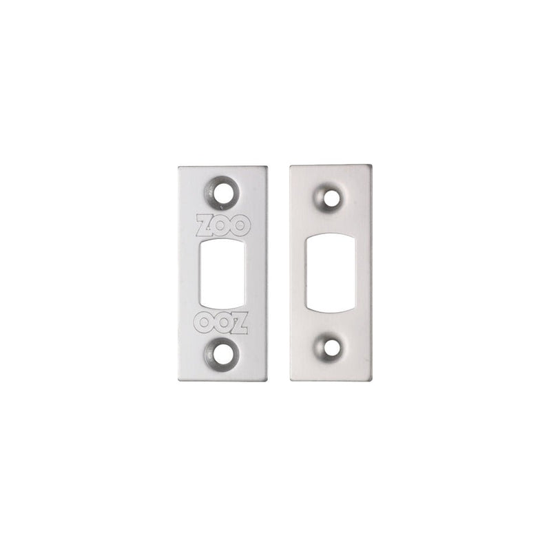 Zoo Hardware Spare Accessory Pack for Heavy Duty Tubular Deadbolts, featuring two metal strike plates with a silver finish and rectangular cutouts, designed for secure installation of deadbolt locks.