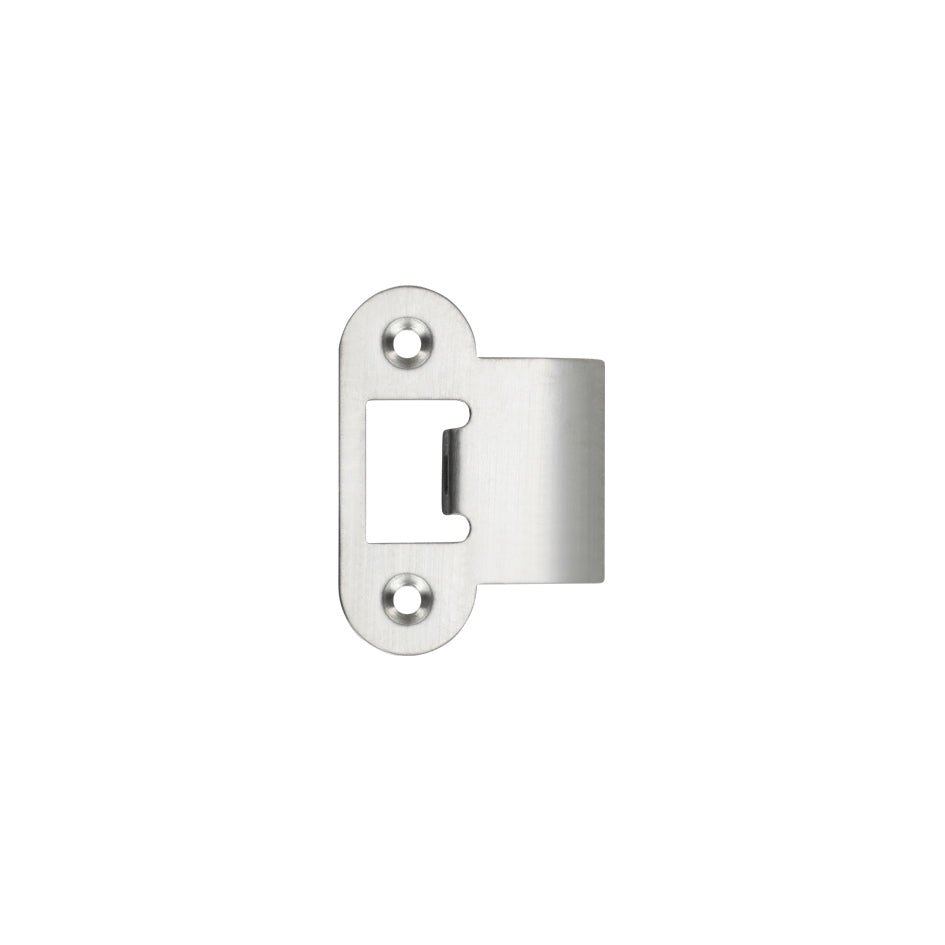 Zoo Hardware Spare Extended Radius Tongue Strikes for ZTLKA and ZTLA Tubular Latches, shown without box or screws, featuring a brushed stainless steel finish with a rounded edge and two screw holes for installation.