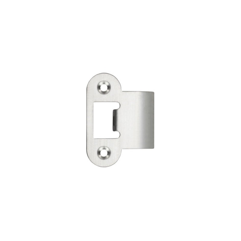 Zoo Hardware Spare Extended Radius Tongue Strikes for ZTLKA and ZTLA Tubular Latches, shown without box or screws, featuring a brushed stainless steel finish with a rounded edge and two screw holes for installation.