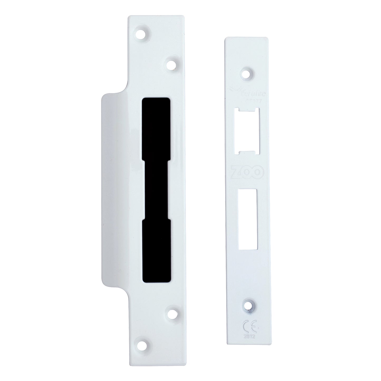 Zoo Hardware Spare Accessory Pack for UK Sash Locks in white, includes a forend, strike, and fixing screws. The pack features a rectangular forend and a matching strike plate with pre-drilled holes for easy installation.