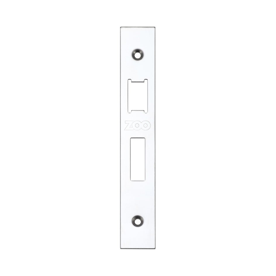Zoo Hardware Spare Accessory Pack for UK Sash Locks, featuring a metallic forend, strike, and fixing screws shown in a sleek design. The pack includes essential components for sash lock installation or replacement.