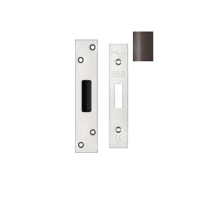 Zoo Hardware Spare Square Accessory Pack for UK Deadlock, containing a stainless steel forend, strike plate, and screws for installation. This set includes components necessary for securing deadlocks with a straightforward design.
