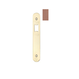 Zoo Hardware Spare Radius Accessory Pack for UK Upright Latch, featuring a gold-colored forend and strike, including screws for installation. The pack ensures a complete fit for latch systems.