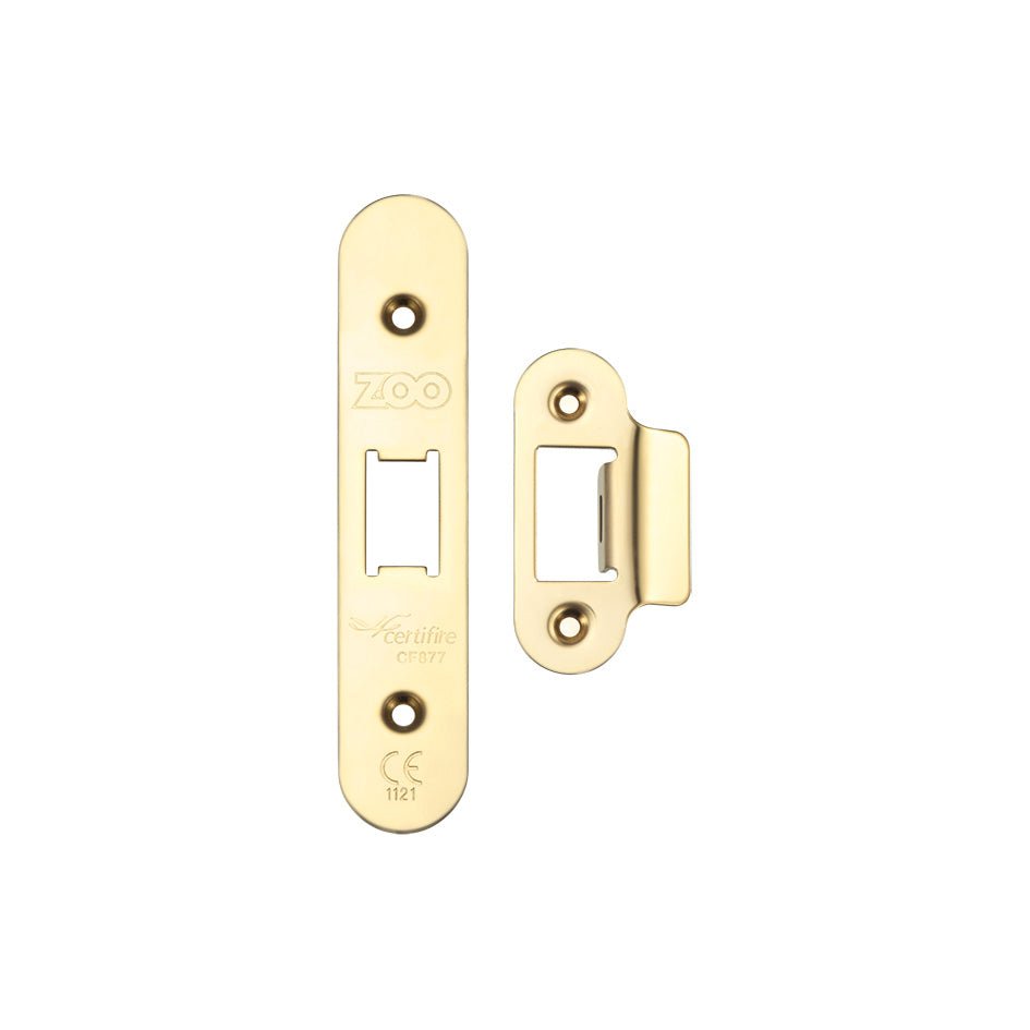 Zoo Hardware Spare Accessory Pack for UK Flat Latch, includes a brass radius forend and strike plate with fixing screws, all featuring a polished brass finish.