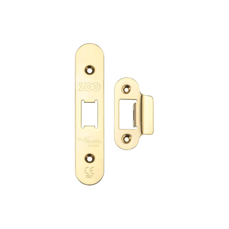 Zoo Hardware Spare Accessory Pack for UK Flat Latch, includes a brass radius forend and strike plate with fixing screws, all featuring a polished brass finish.