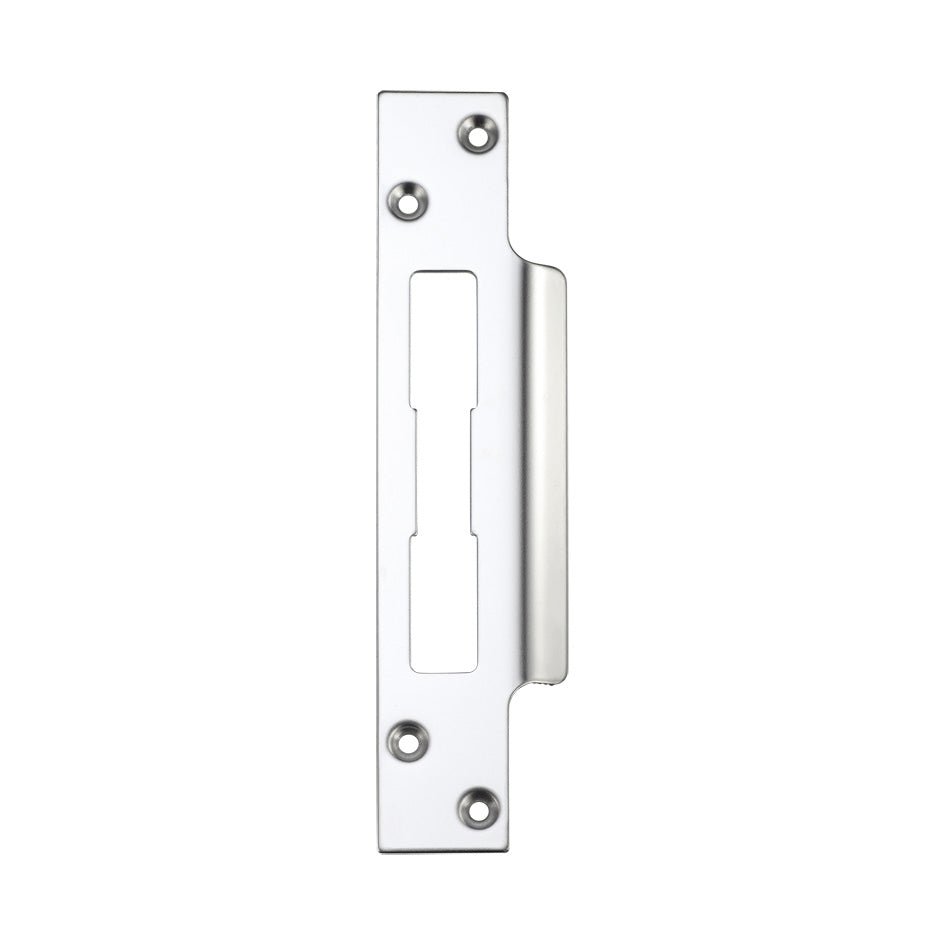 Zoo Hardware Spare Extended Tongue Strikes for UK Locks with fixing screws in a polished silver finish, featuring a rectangular plate design with multiple fixing points.