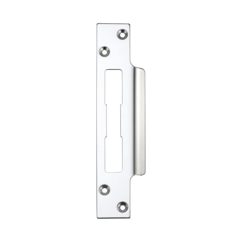 Zoo Hardware Spare Extended Tongue Strikes for UK Locks with fixing screws in a polished silver finish, featuring a rectangular plate design with multiple fixing points.