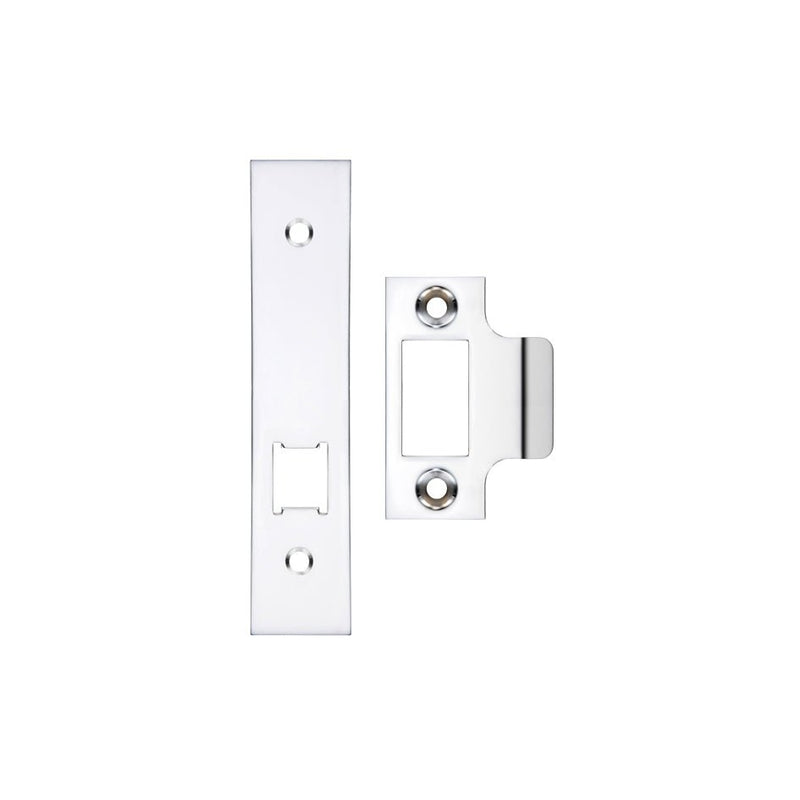 Zoo Hardware Spare Accessory Pack for UK Horizontal Latch - BLANK - includes a polished chrome forend, strike plate, and fixing screws, suitable for latch versions, featuring a sleek and shiny surface.