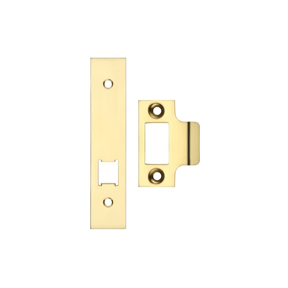 Zoo Hardware Spare Accessory Pack for UK Horizontal Latch in brass, contains forend, strike plate, and fixing screws for latch version.