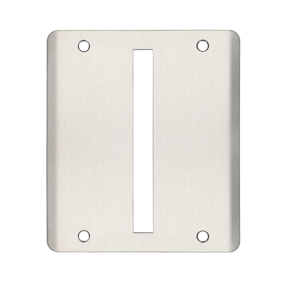 Zoo Hardware Spare Double Strike to suit Roller Dins, measuring 130 x 150mm, in a brushed stainless steel finish. The plate features a vertical slot and four mounting holes for installation.