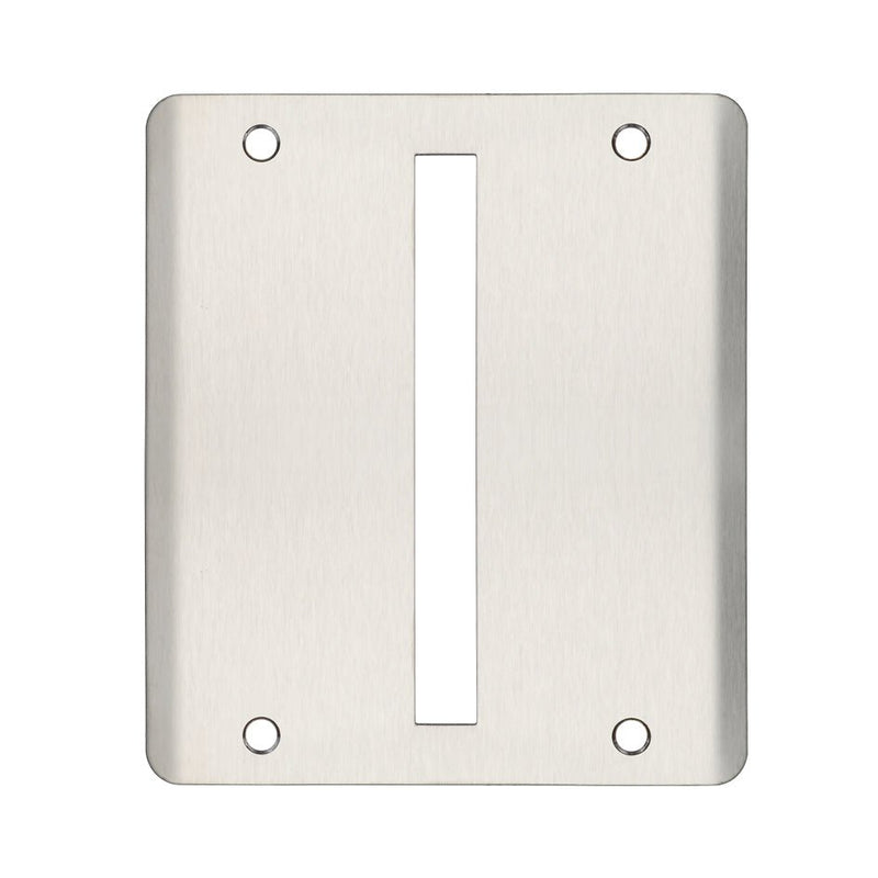 Zoo Hardware Spare Double Strike to suit Roller Dins, measuring 130 x 150mm, in a brushed stainless steel finish. The plate features a vertical slot and four mounting holes for installation.