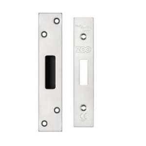 Zoo Hardware Spare Square Accessory Pack for UK Deadlock, including forend, strike, and screws, in a silver finish with a rectangular design and multiple mounting holes.
