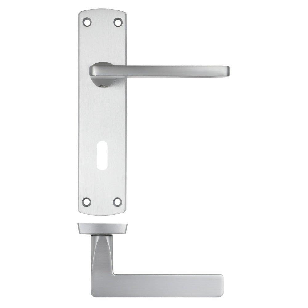 Zoo Hardware Leon Lever on Lock Backplate in a satin stainless steel finish, featuring a sleek lever handle and a rectangular backplate design for easy installation.