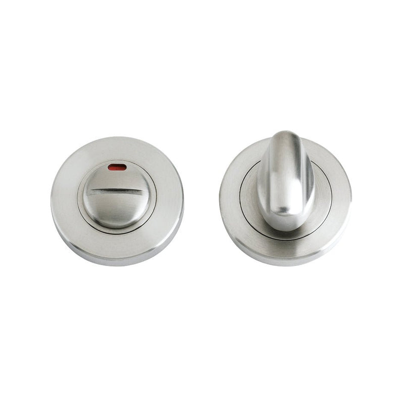 Zoo Hardware Turn and Release c/w Indicator Complete with Escutcheons and 5mm Spindle - 50mm Dia in a brushed stainless steel finish, featuring a round design with an indicator and turn knob for easy operation.