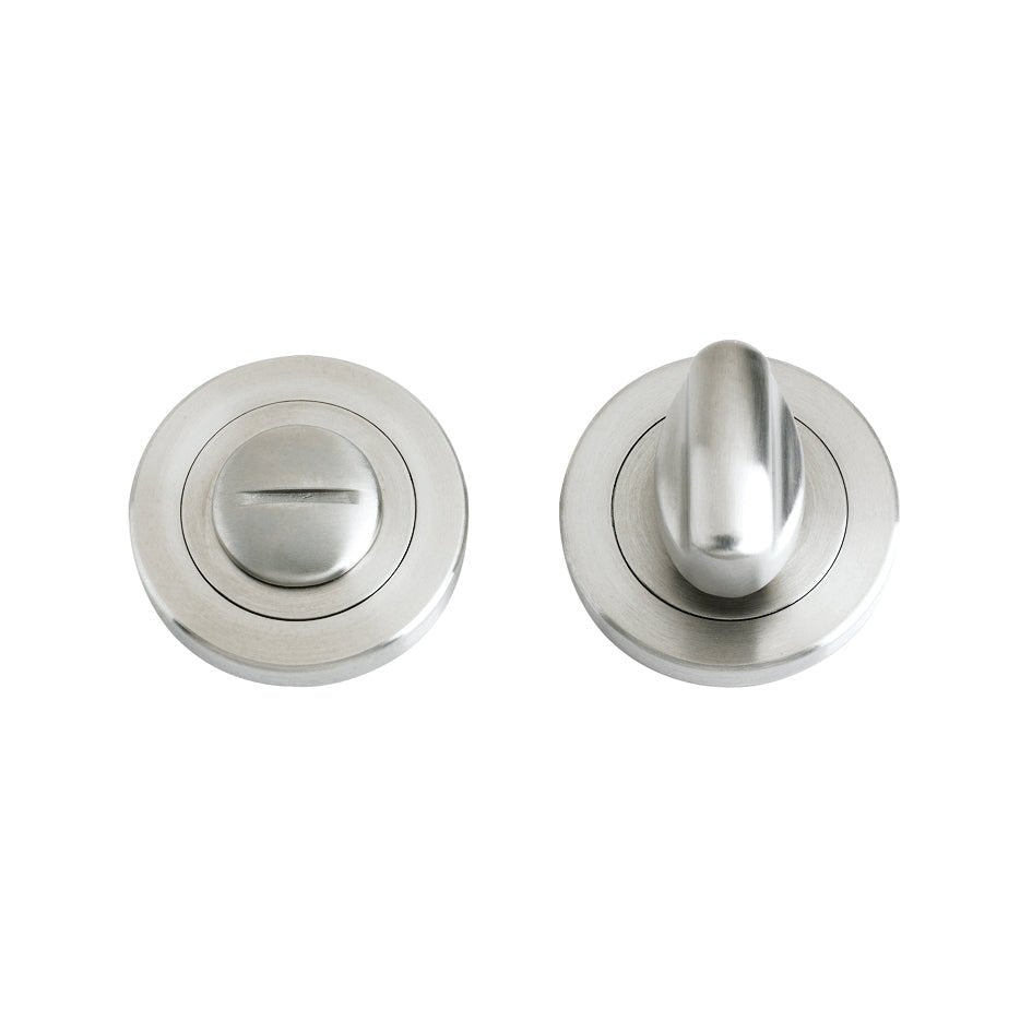 Zoo Hardware Turn and Release Complete with Escutcheons and 5mm Spindle, featuring a 50mm diameter in a polished chrome finish, includes a round turn knob and a release button with matching escutcheons.