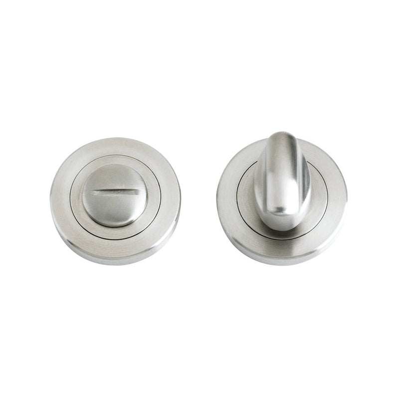 Zoo Hardware Turn and Release Complete with Escutcheons and 5mm Spindle, featuring a 50mm diameter in a polished chrome finish, includes a round turn knob and a release button with matching escutcheons.