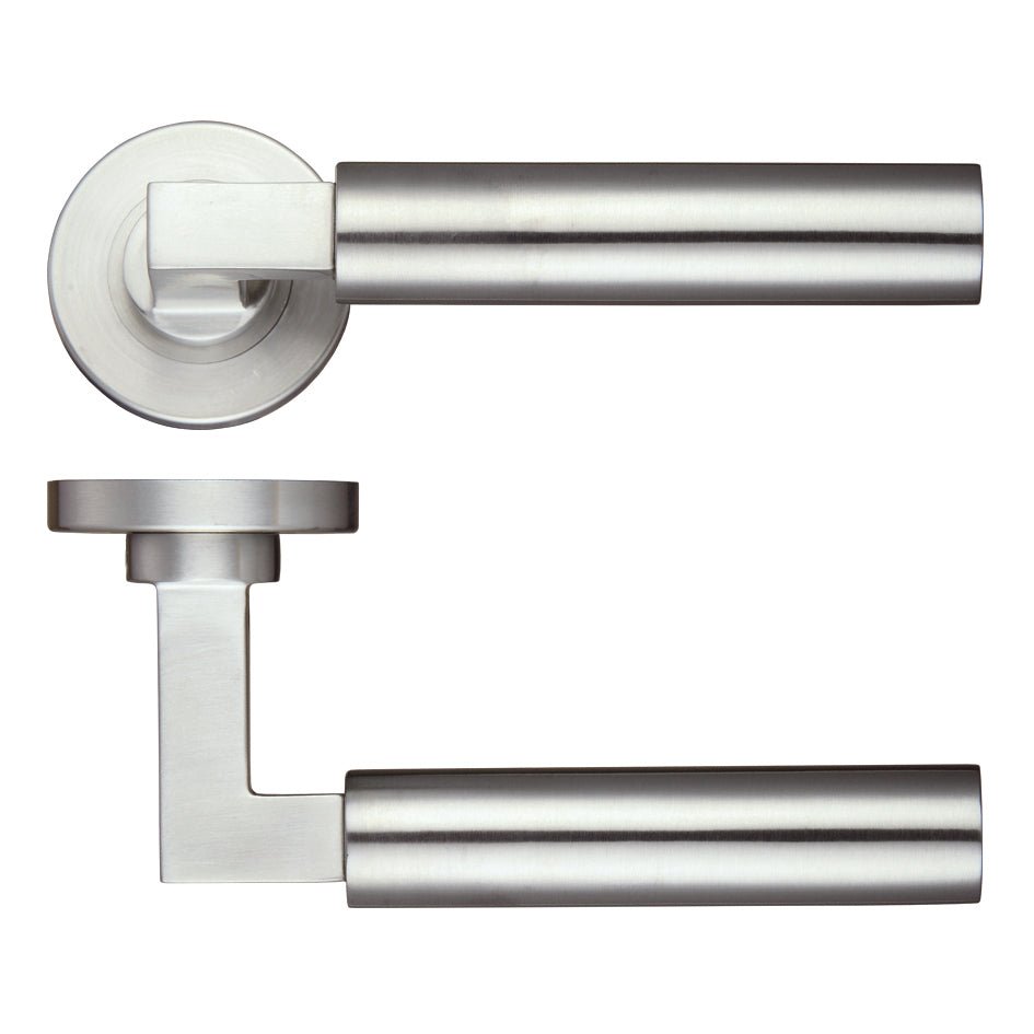 Zoo Hardware Orion Lever on Round Rose in brushed stainless steel, featuring a modern lever handle and round rose design suitable for various doors.