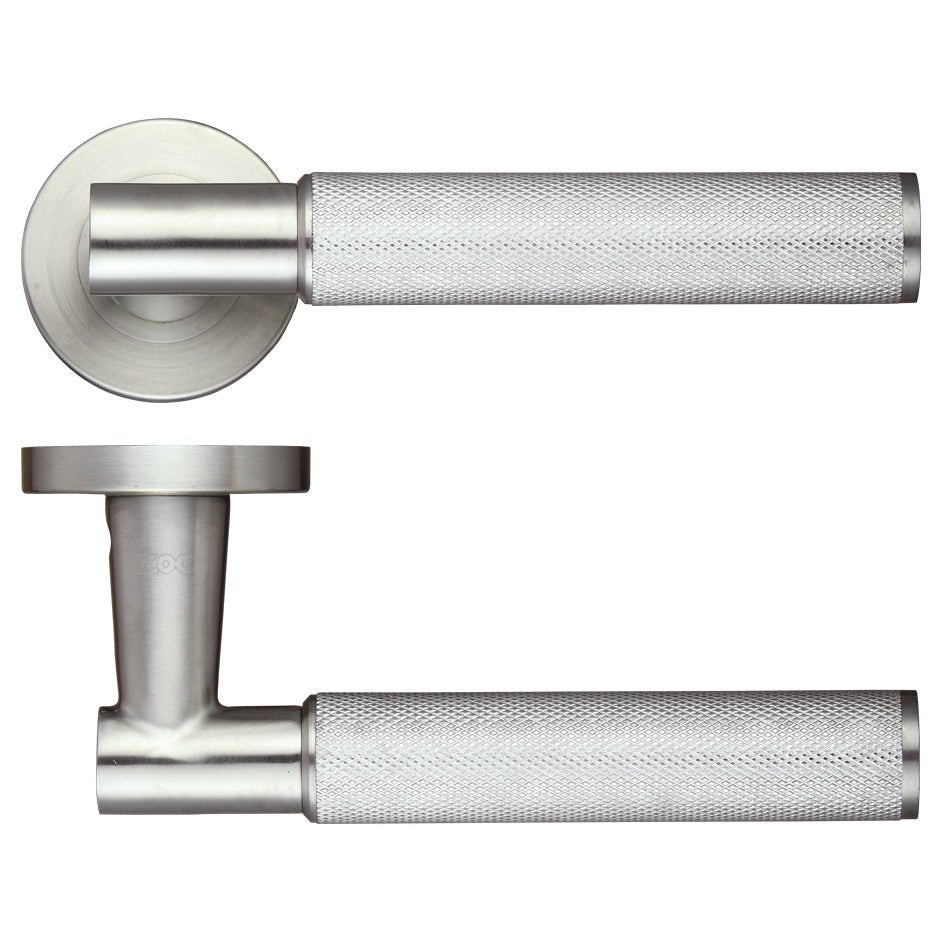 Zoo Hardware Athena Lever on Round Rose in brushed stainless steel, featuring a textured grip and a circular rose plate for mounting.