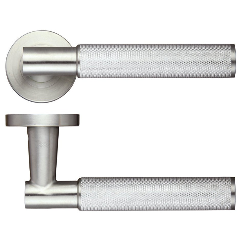 Zoo Hardware Athena Lever on Round Rose in brushed stainless steel, featuring a textured grip and a circular rose plate for mounting.