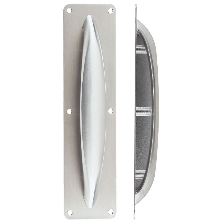 Zoo Hardware Anti-Ligature Pull Handle on Backplate in stainless steel, featuring a streamlined design and smooth finish, shown from both front and side angles for clarity.