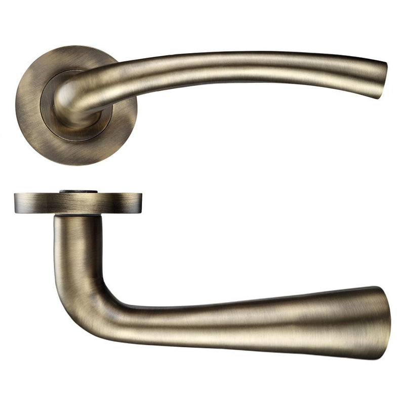 Zoo Hardware Assisi Lever - Screw On Rose in brushed bronze finish, featuring a sleek curved design and a circular rose for installation.